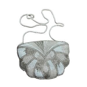 Vintage 1980’s beaded evening bag wedding bridal purse white satin silver gold